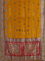 Mustard yellow pashmina saree with elephant motifs and contrasting pallu