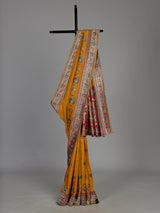 Mustard yellow pashmina saree with elephant motifs and contrasting pallu