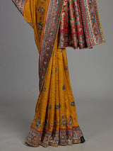 Mustard yellow pashmina saree with elephant motifs and contrasting pallu