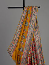 Mustard yellow pashmina saree with elephant motifs and contrasting pallu