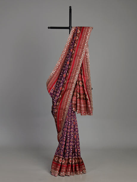 Purple semi patola silk saree with Patola print and contrasting embellished pallu