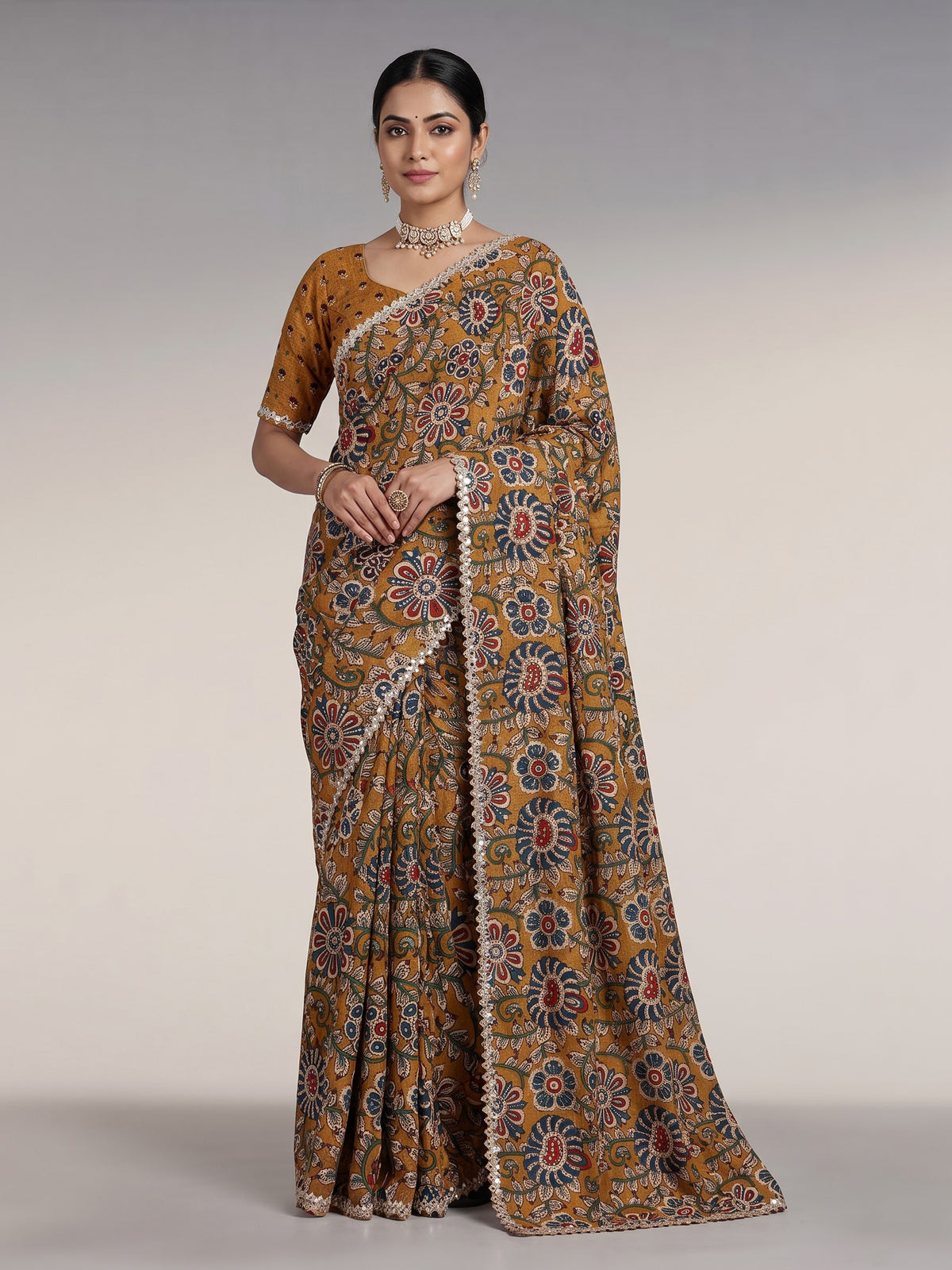 Mehendi yellow crepe silk saree with floral prints and shimmering sequins