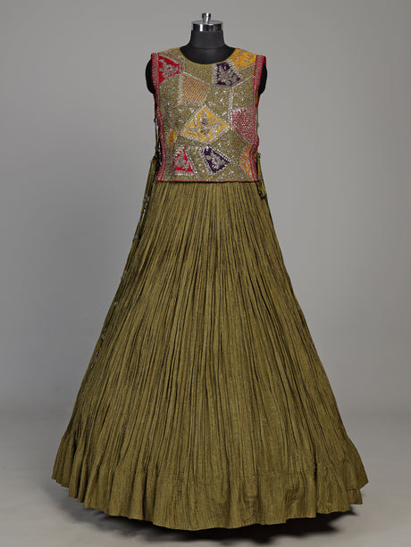 Mehendi green silk lehenga choli set with intricate festive embellishments