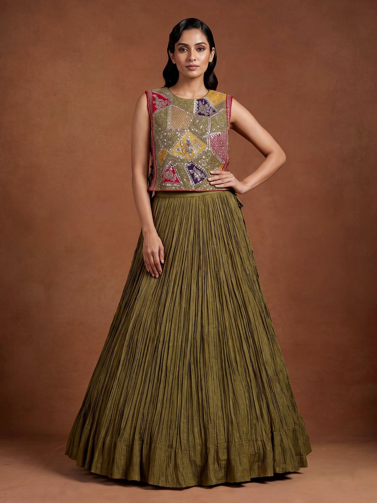 Mehendi green silk lehenga choli set with intricate festive embellishments