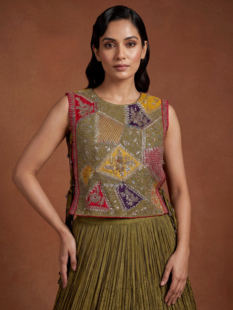 Mehendi green silk lehenga choli set with intricate festive embellishments