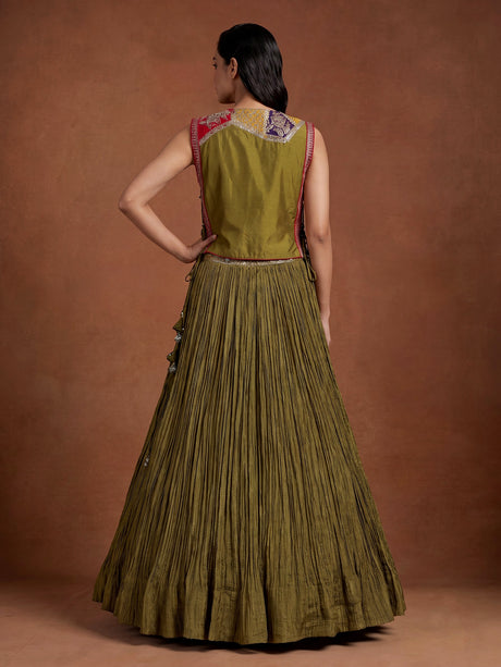 Mehendi green silk lehenga choli set with intricate festive embellishments