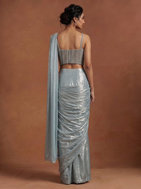 Mint blue metallic lurex georgette ready to wear saree
