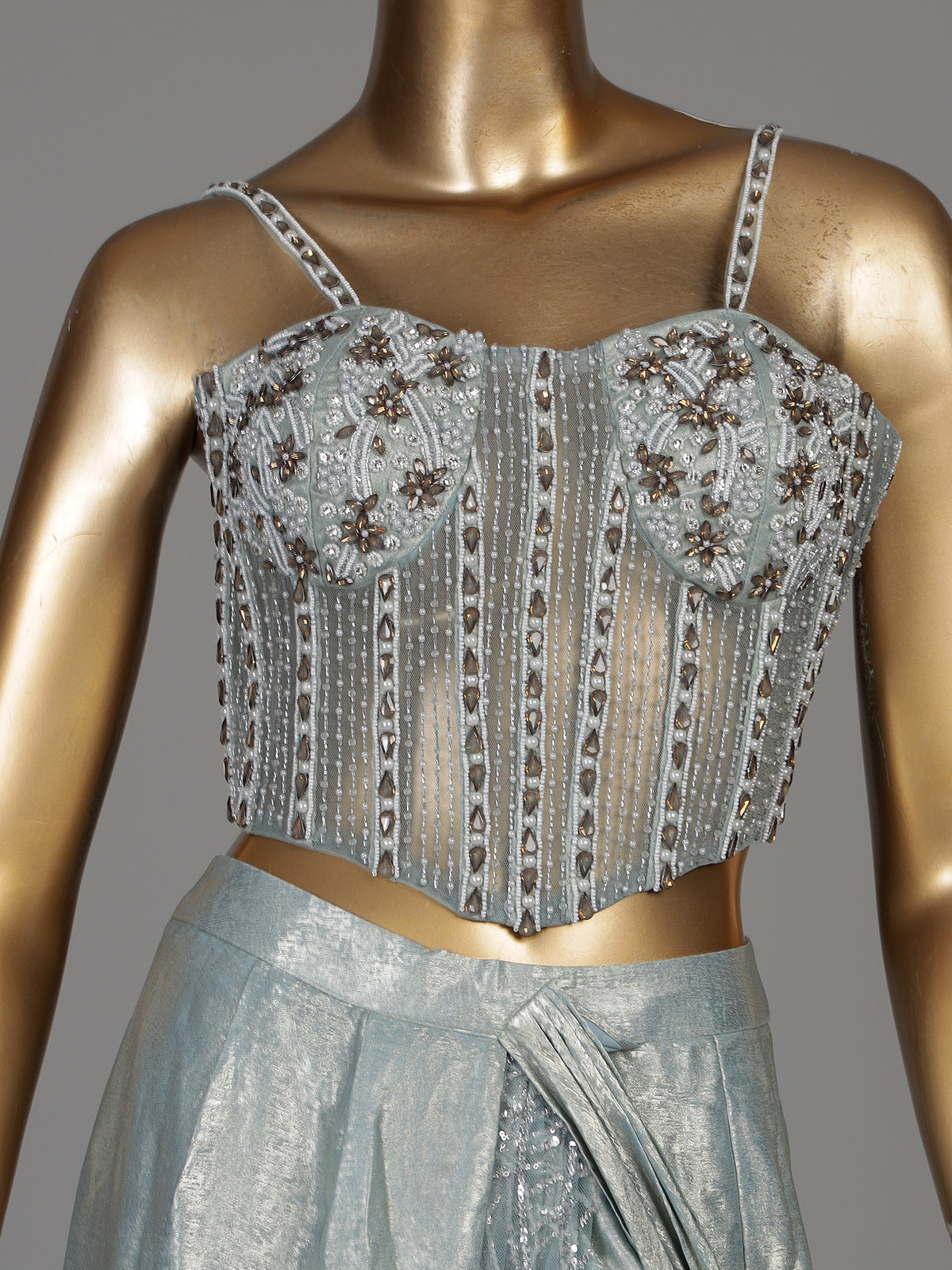 Mint blue metallic lurex georgette ready to wear saree