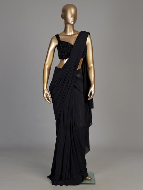 Black georgette ready-to-wear saree with pearl tassel blouse