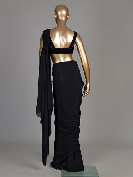 Black georgette ready-to-wear saree with pearl tassel blouse