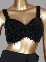 Black georgette ready-to-wear saree with pearl tassel blouse