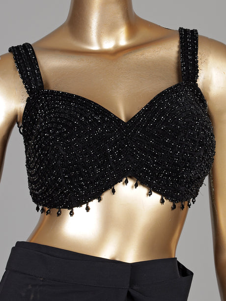 Black georgette ready-to-wear saree with pearl tassel blouse