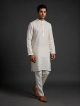 Cream cotton linen kurta suit with floral Chikankari embroidery for mens