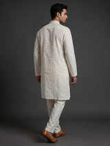 Cream cotton linen kurta suit with floral Chikankari embroidery for mens