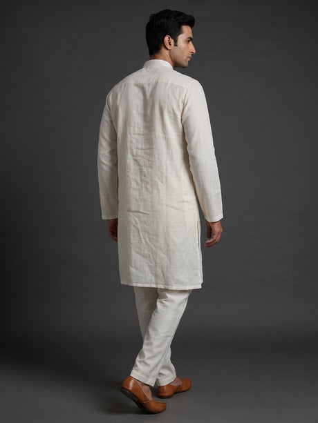 Cream cotton linen kurta suit with floral Chikankari embroidery for mens