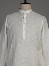 Cream cotton linen kurta suit with floral Chikankari embroidery for mens