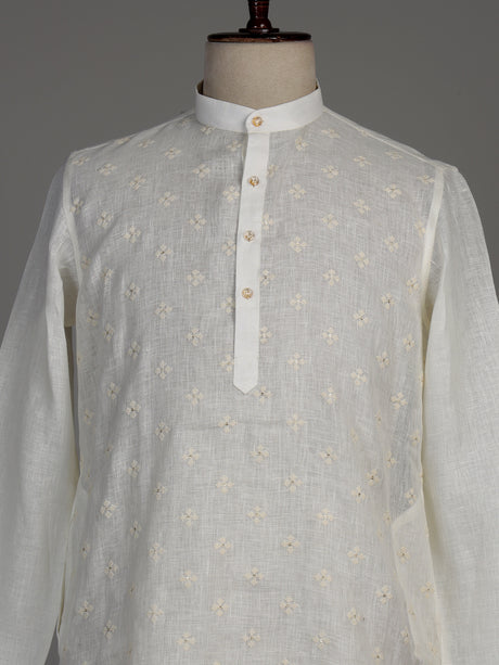 Cream cotton linen kurta suit with floral Chikankari embroidery for mens