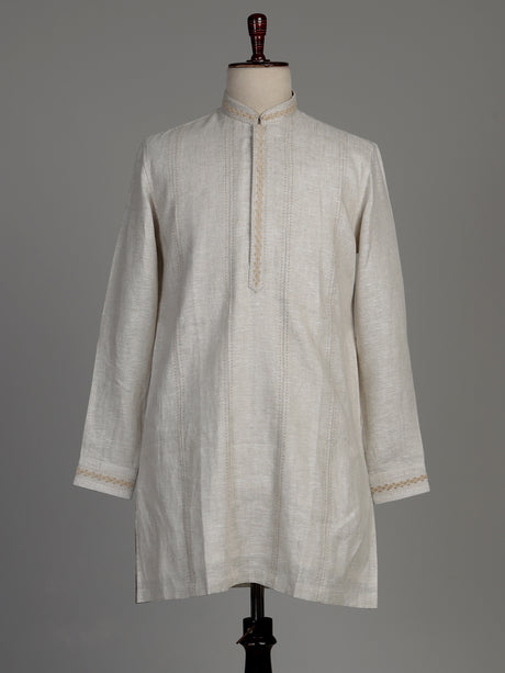Light beige Chanderi silk kurta suit with tonal embroidery for mens