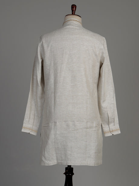Light beige Chanderi silk kurta suit with tonal embroidery for mens