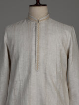 Light beige Chanderi silk kurta suit with tonal embroidery for mens