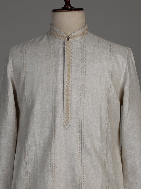 Light beige Chanderi silk kurta suit with tonal embroidery for mens