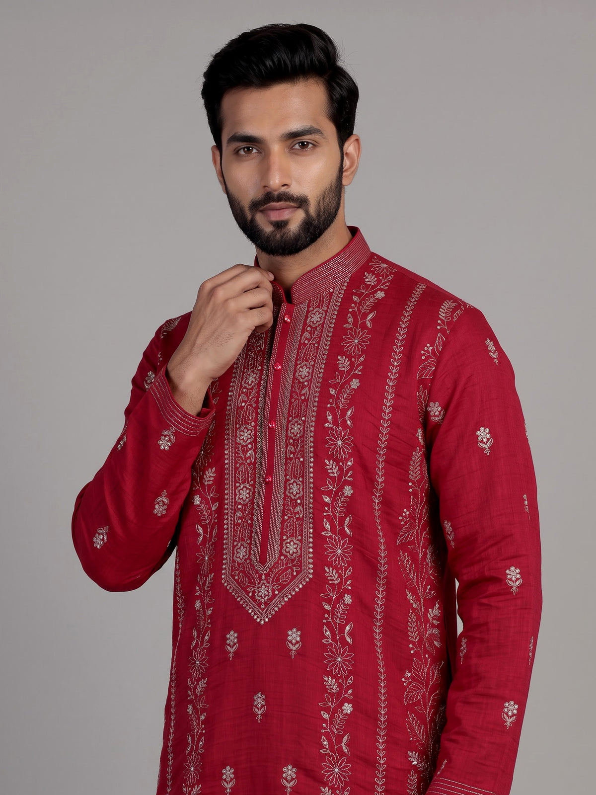Maroon silk kurta suit with intricate floral embroidery for mens