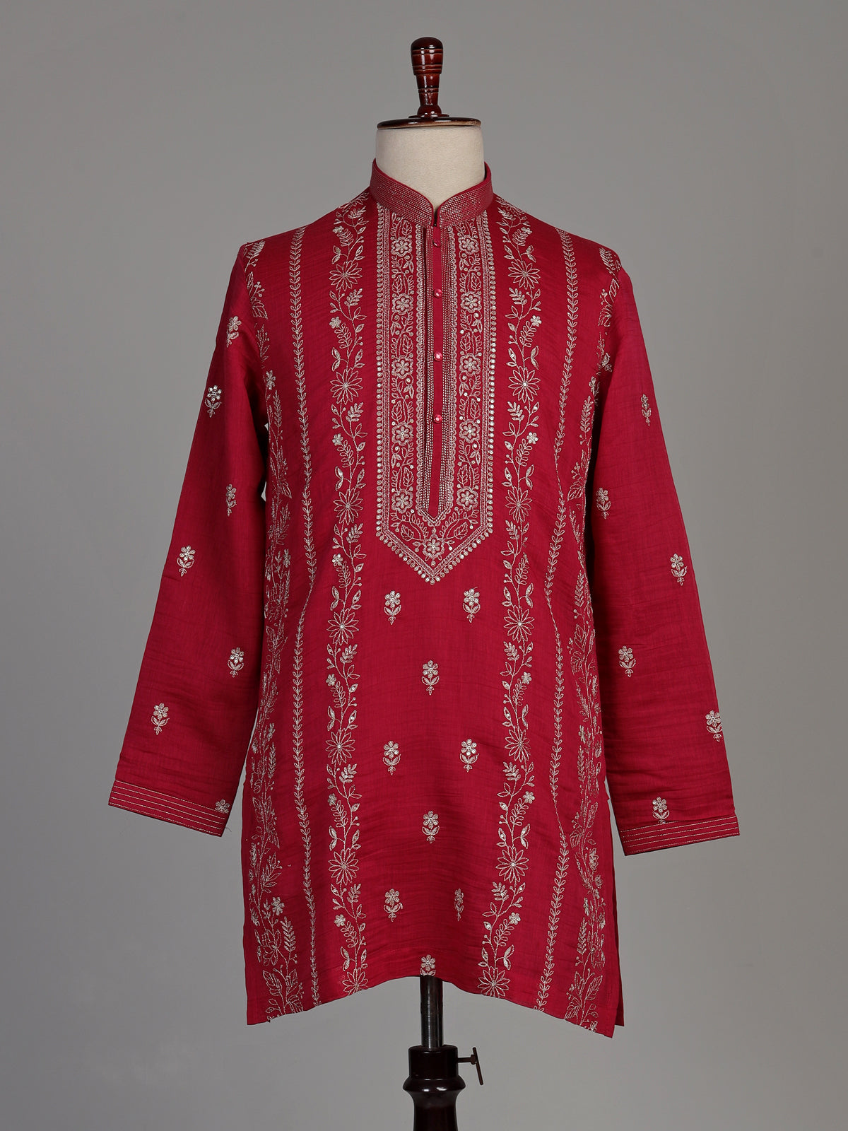Maroon silk kurta suit with intricate floral embroidery for mens