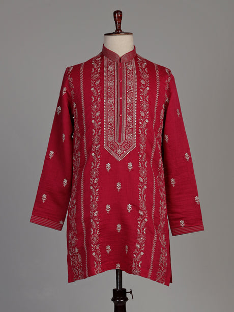Maroon silk kurta suit with intricate floral embroidery for mens