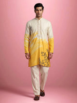 Yellow and off-white silk kurta suit with botanical prints for mens
