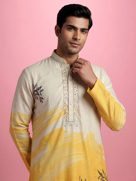 Yellow and off-white silk kurta suit with botanical prints for mens