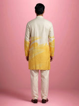 Yellow and off-white silk kurta suit with botanical prints for mens
