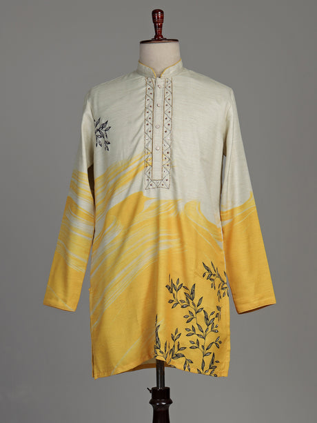 Yellow and off-white silk kurta suit with botanical prints for mens