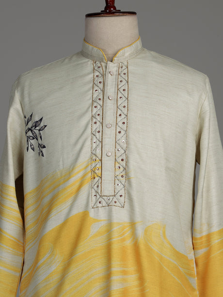 Yellow and off-white silk kurta suit with botanical prints for mens