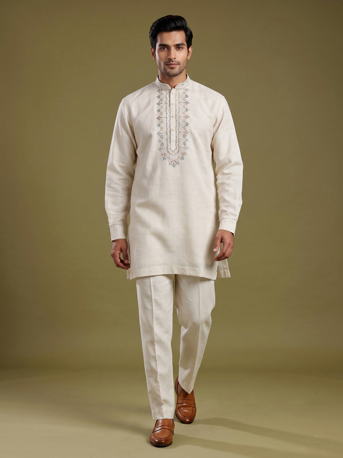 Cream cotton linen kurta suit with pastel embroidered yoke for mens