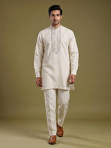 Cream cotton linen kurta suit with pastel embroidered yoke for mens