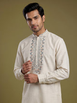 Cream cotton linen kurta suit with pastel embroidered yoke for mens