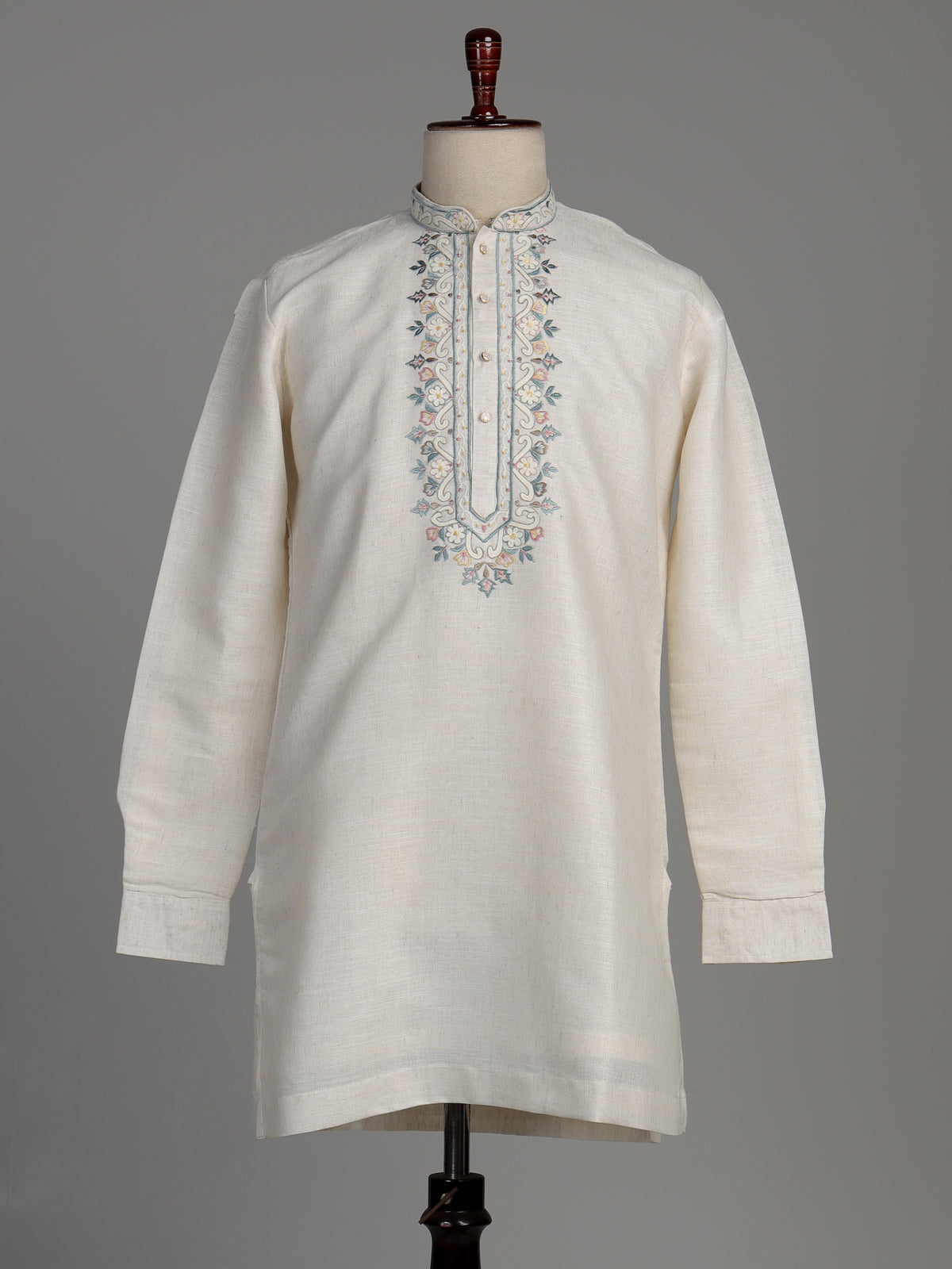 Cream cotton linen kurta suit with pastel embroidered yoke for mens