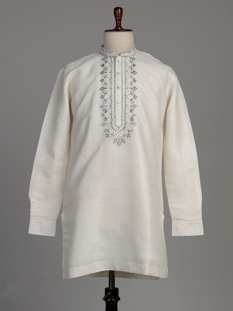 Cream cotton linen kurta suit with pastel embroidered yoke for mens