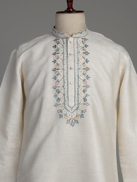 Cream cotton linen kurta suit with pastel embroidered yoke for mens