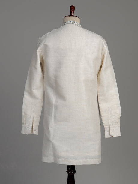 Cream cotton linen kurta suit with pastel embroidered yoke for mens