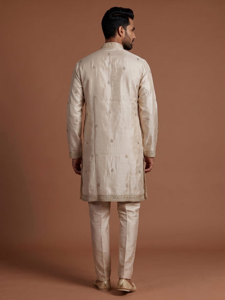 Beige silk kurta suit with chevron embroidery detailing for mens