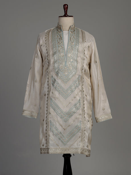 Beige silk kurta suit with chevron embroidery detailing for mens