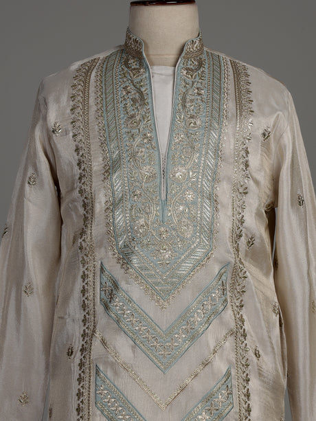 Beige silk kurta suit with chevron embroidery detailing for mens