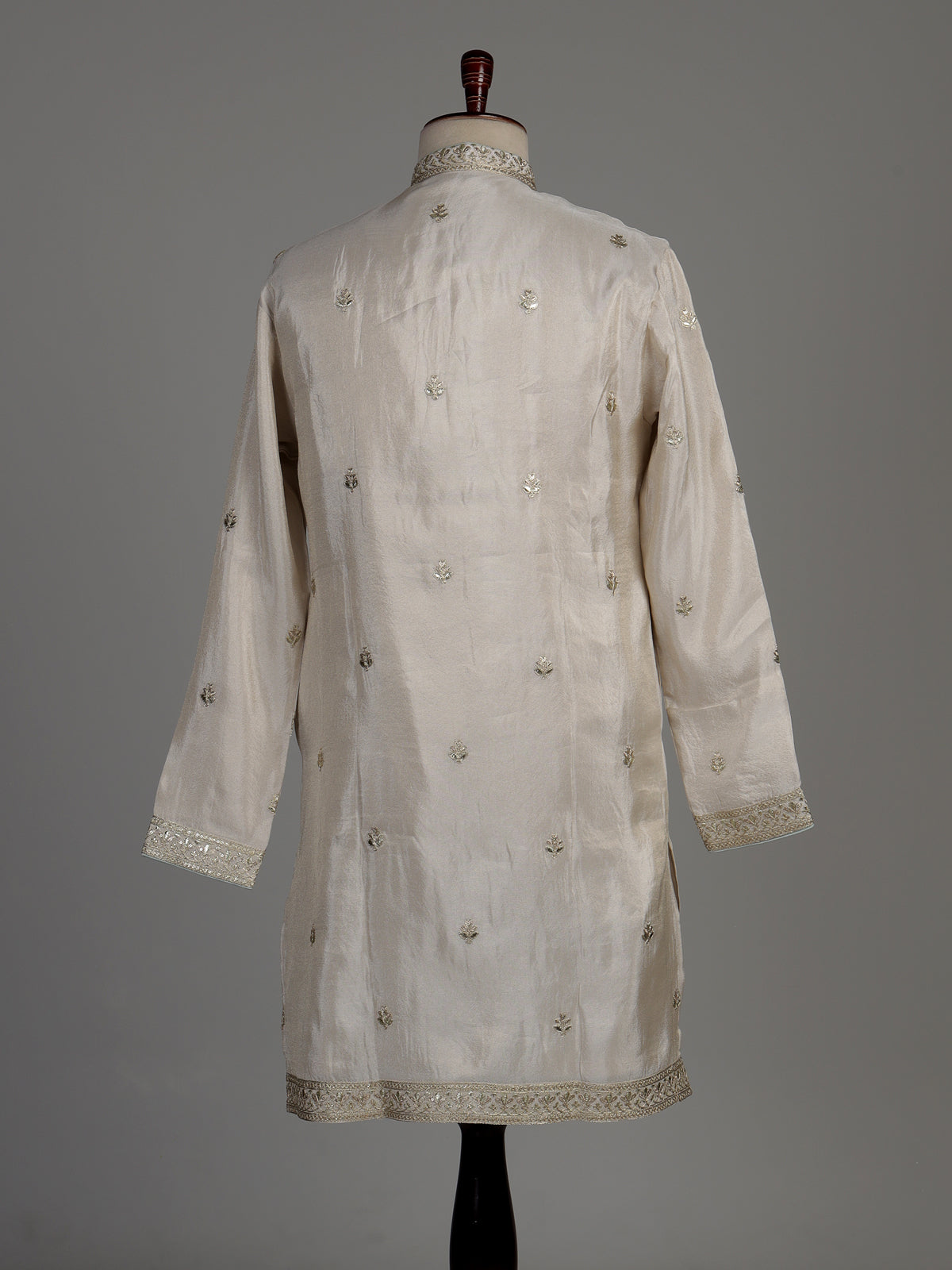 Beige silk kurta suit with chevron embroidery detailing for mens