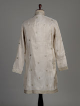 Beige silk kurta suit with chevron embroidery detailing for mens