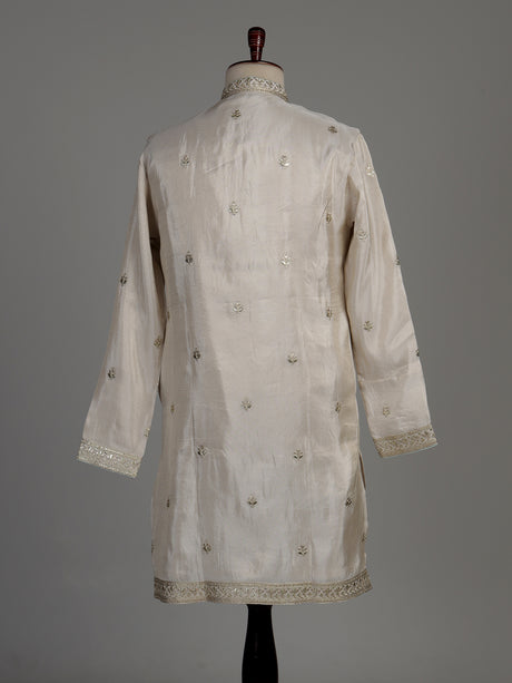 Beige silk kurta suit with chevron embroidery detailing for mens