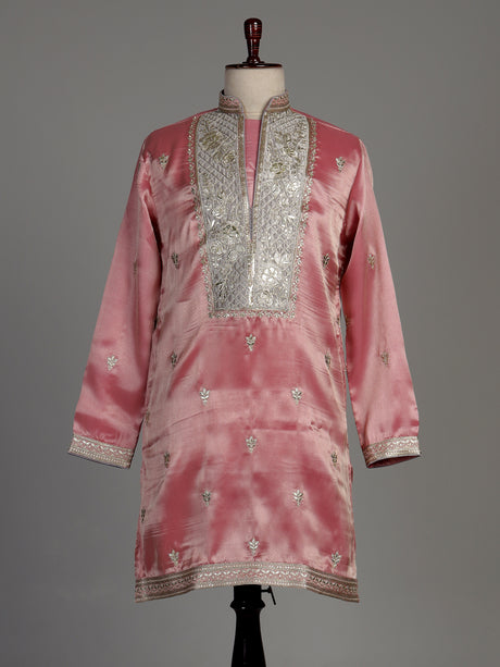 Pastel pink Dupion silk kurta suit with heavy zardozi embellishments for mens