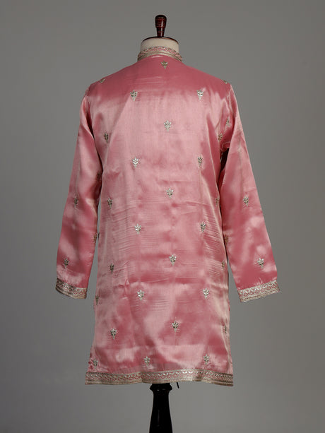 Pastel pink Dupion silk kurta suit with heavy zardozi embellishments for mens