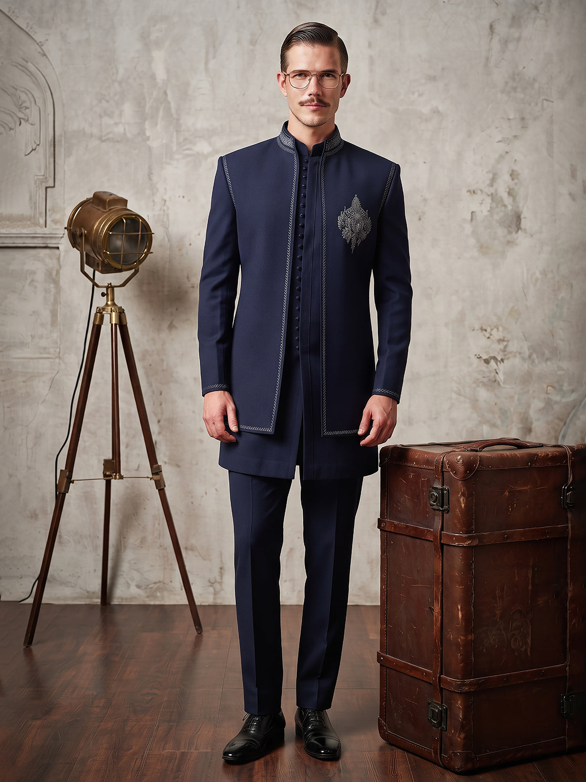Navy blue statement jacket men indo western