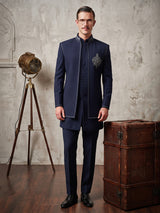 Navy blue statement jacket men indo western